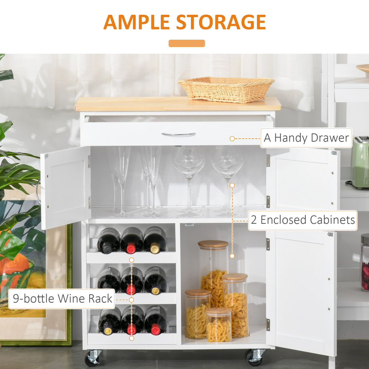 Modern Kitchen Trolley Rolling Island Storage Cart Drawer 9 Bottle Rack White - from HOMCOM