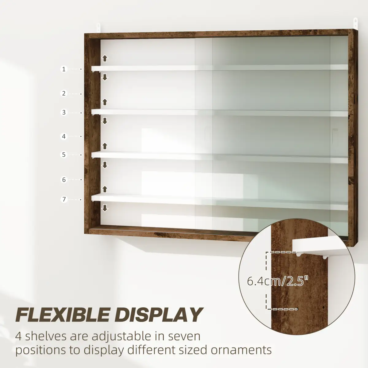 HOMCOM HOMCOM 5-Tier Wall Display Shelf Unit Cabinet w/ Shelves Glass Doors brown - Display Cabinet