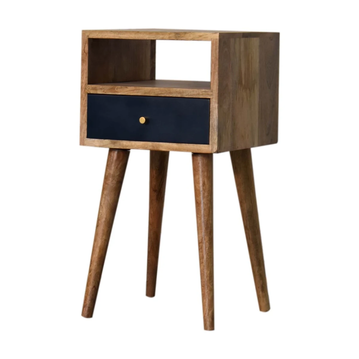 Artisan Furniture Artisan Nightstand Compact Mango Wood Navy Hand Painted Drawer Open Shelf Bedroom Decor And Storage - Bedside Table