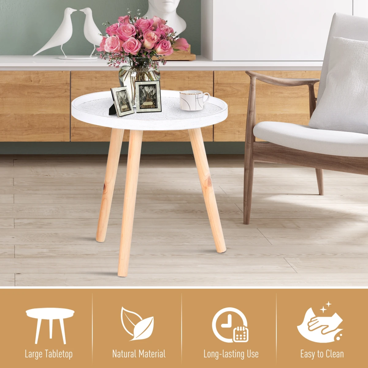 HOMCOM Pine Wood Compact Side Table Saucer Top Floral - Dining Table