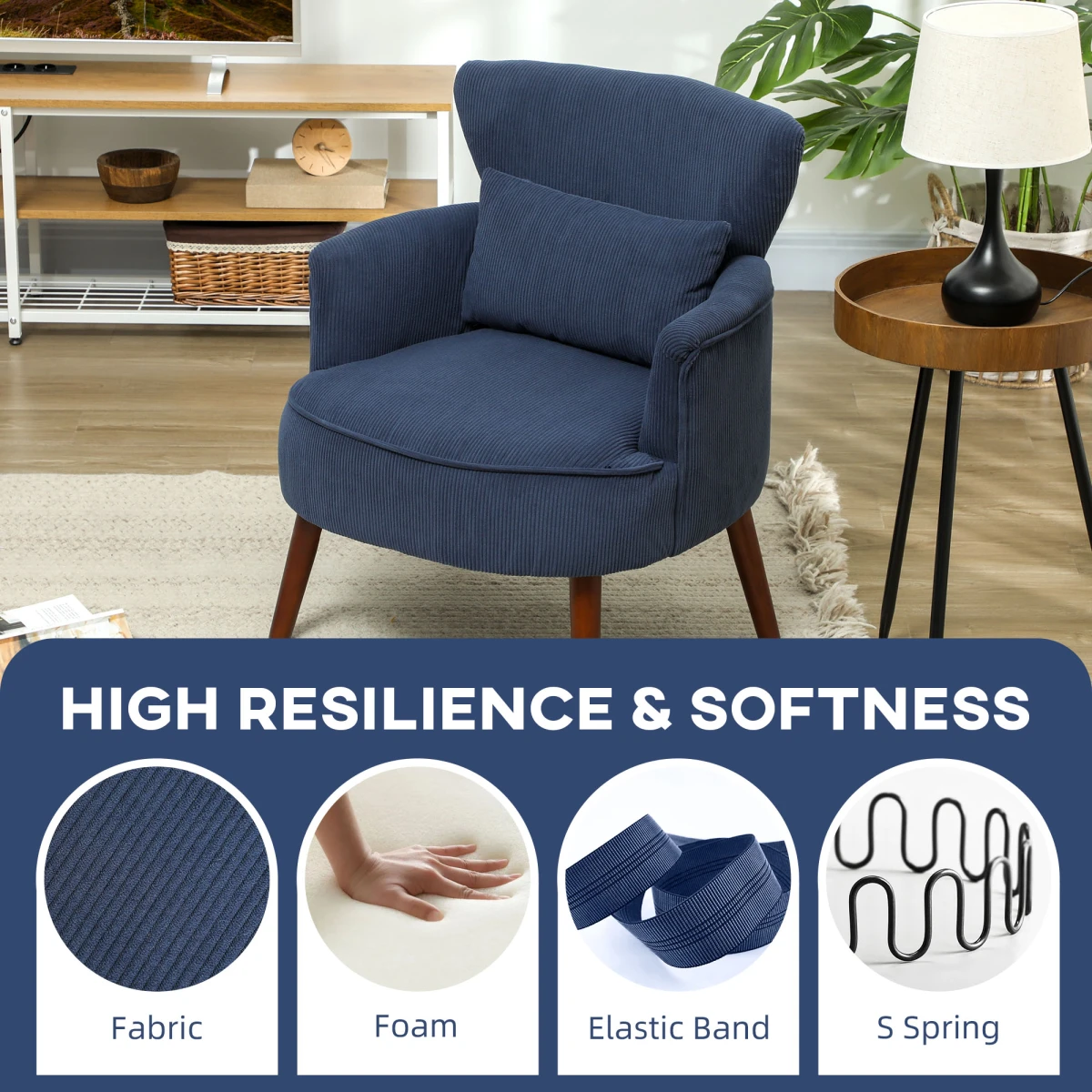 HOMCOM Armchair 18cm Cushion Wingback Blue Corduroy Home Use by HOMCOM