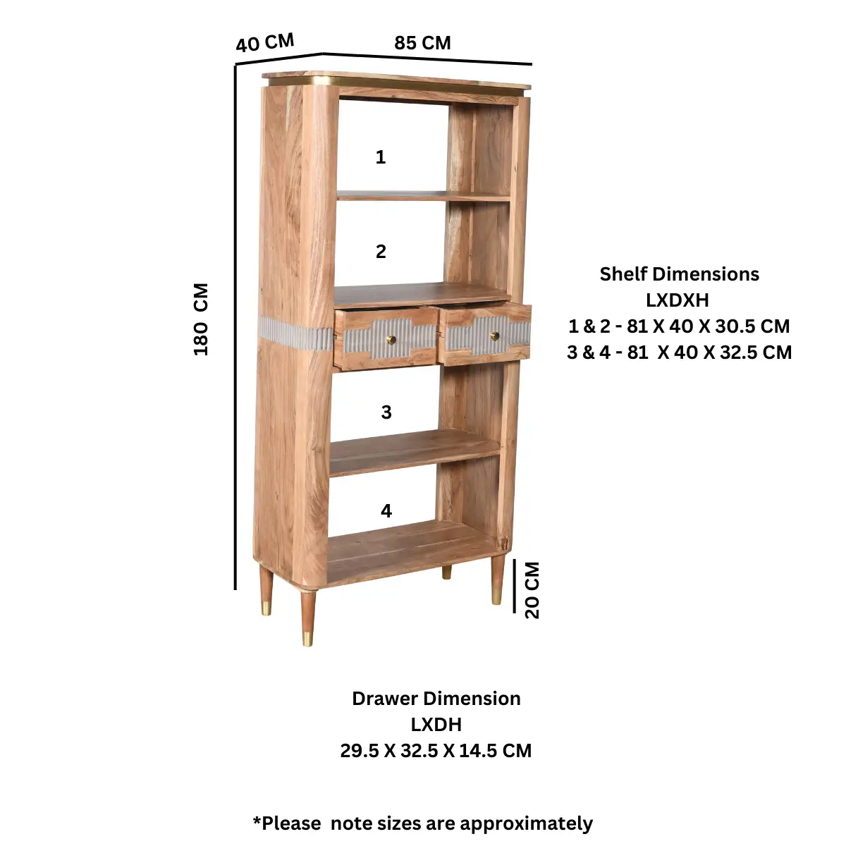 Indian Hub Wilton Acacia Wood 2 Drawers Open Bookcase - Bookcase