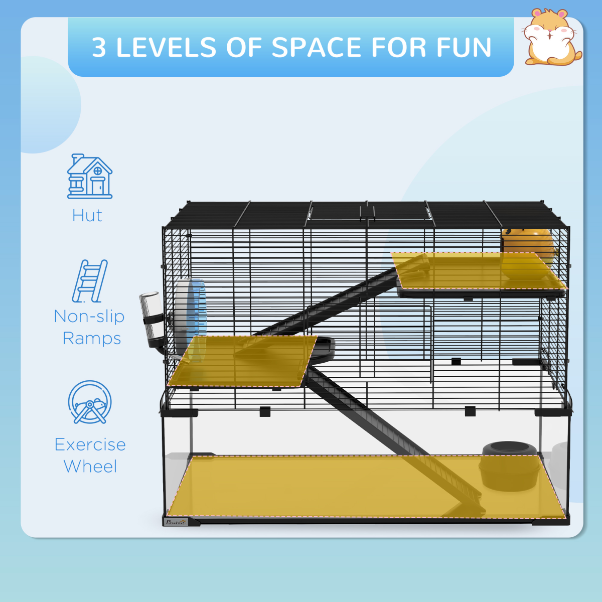 3 Tiers Hamster Cage w/ Deep Glass Bottom, Dish, Hut, 78.5 x 48.5 x 57cm - from PawHut