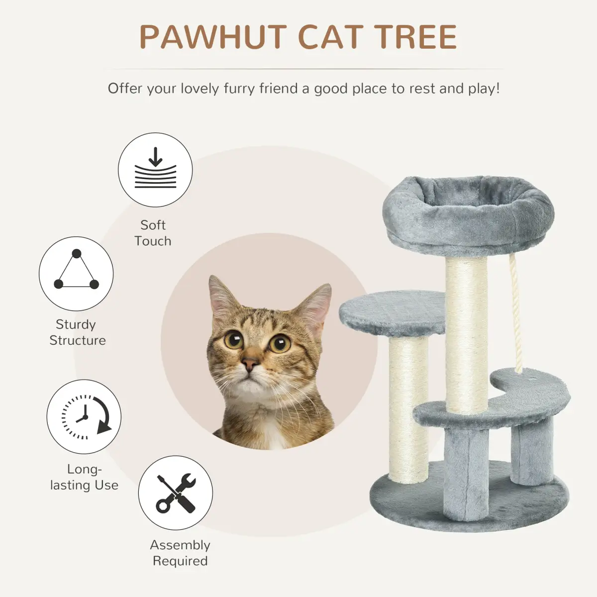 Pawhut Cat Tree Scratcher Kitty Activity Play Center Post 2 Perch w/ Hanging Sisal Rope - Cat Tree