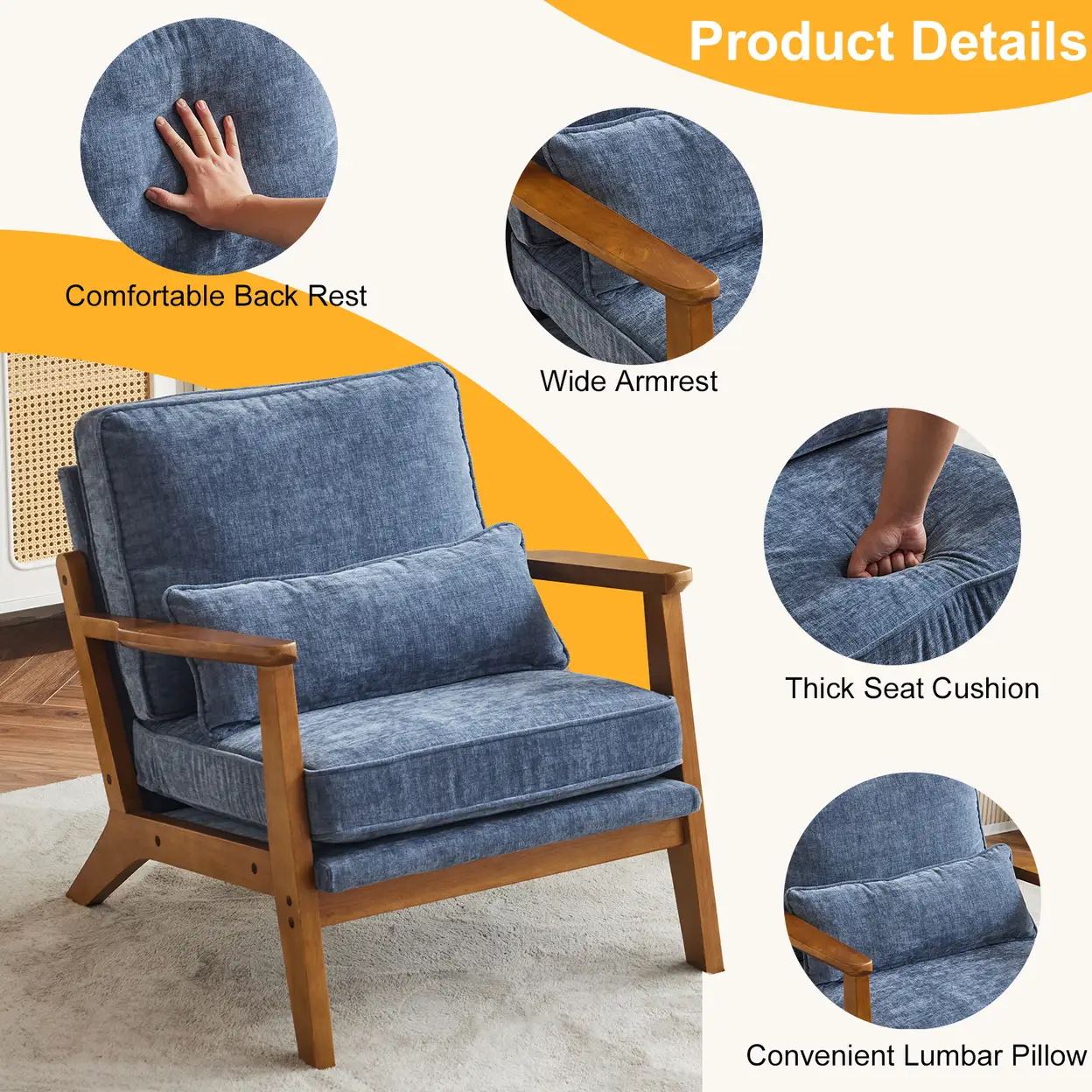 N/A Mid-Century Oak Accent Chair - Deep Navy Blue Chenille Upholstered Single Lounge Chair, Sturdy Wood Frame Indoor Armchair (330LBS Weight Capacity) - Accent Chair