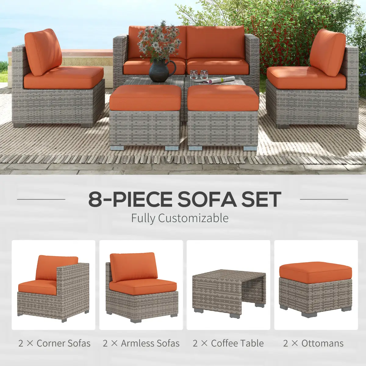 Outsunny Outsunny 8pc Outdoor Patio Furniture Set Weather Wicker Rattan Sofa Chair Orange - Garden Sofa Sets