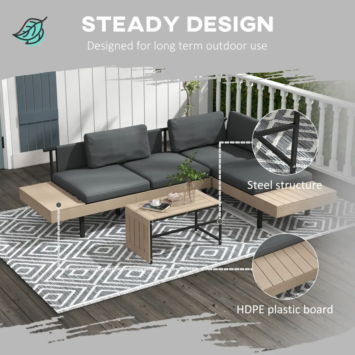 Outsunny Outsunny HDPE Garden Furniture Sets with Cushions, Table, L-Shaped Sofa, Grey - Garden Set