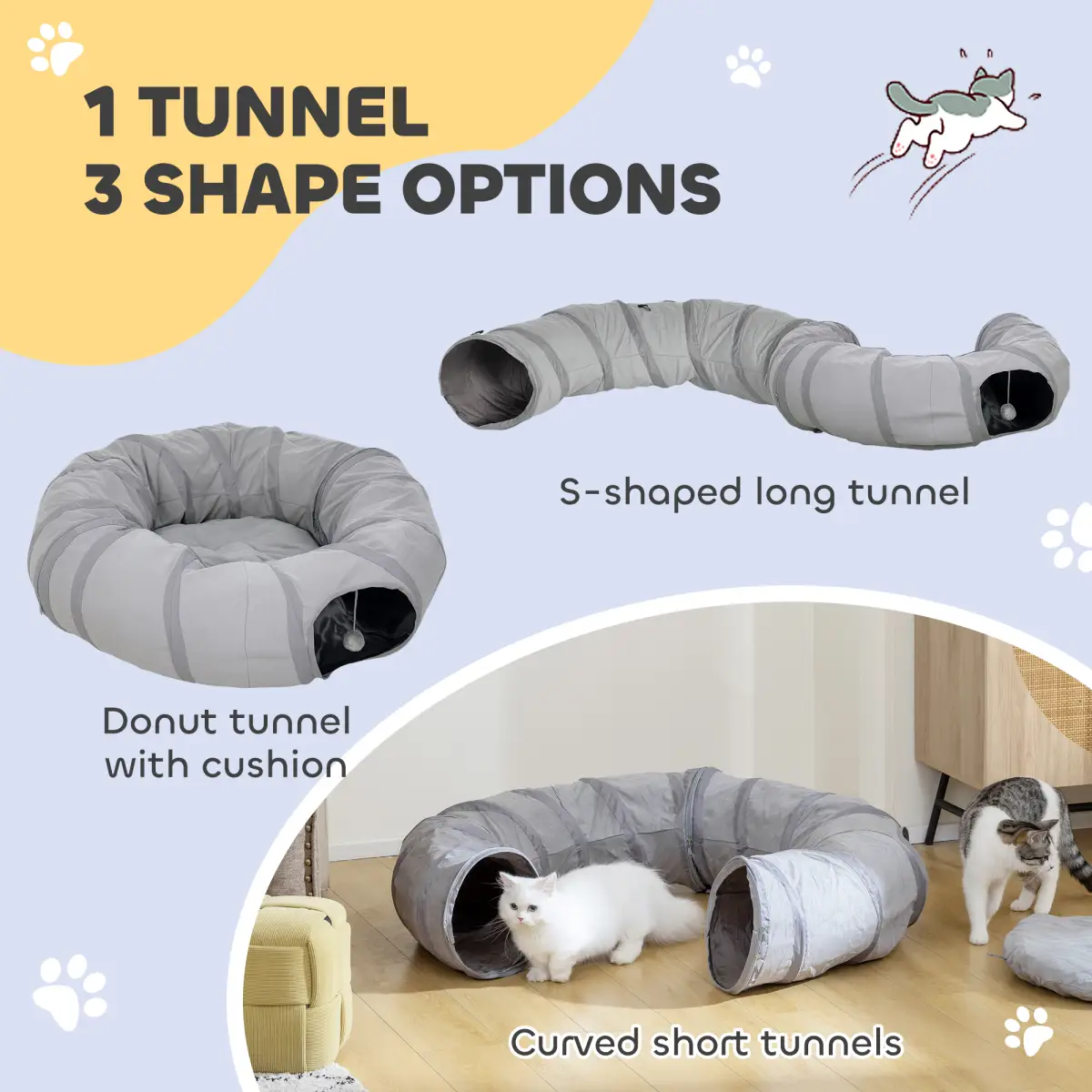 PawHut PawHut 2 in 1 Cat Tunnel with Bed, Cat Play Tunnel for Indoor Cats, Grey - Cat Beds
