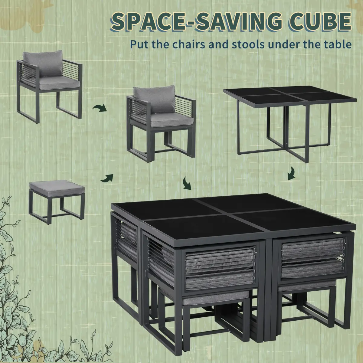 Outsunny 8 Seater Dining Cube Set Dining Table, 4 Chairs & 4 Footstools & Cushion, Grey - Garden Set