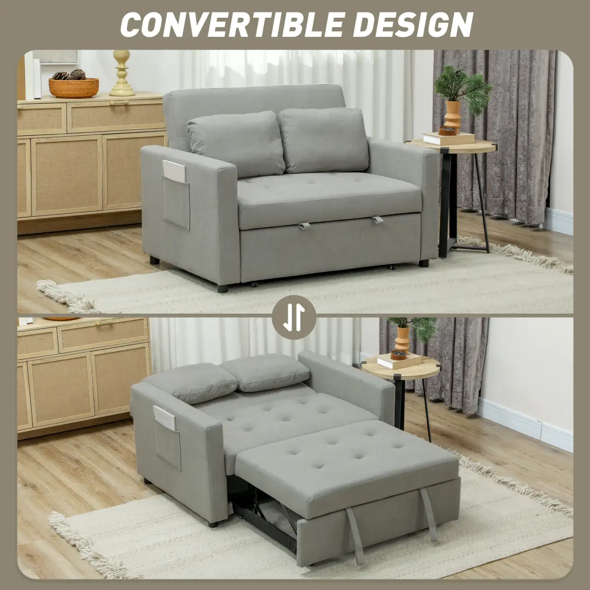 HOMCOM HOMCOM 2 Seater Sofa Bed Convertible Bed Settee with Cushions, Pockets, Grey - Sofa Bed