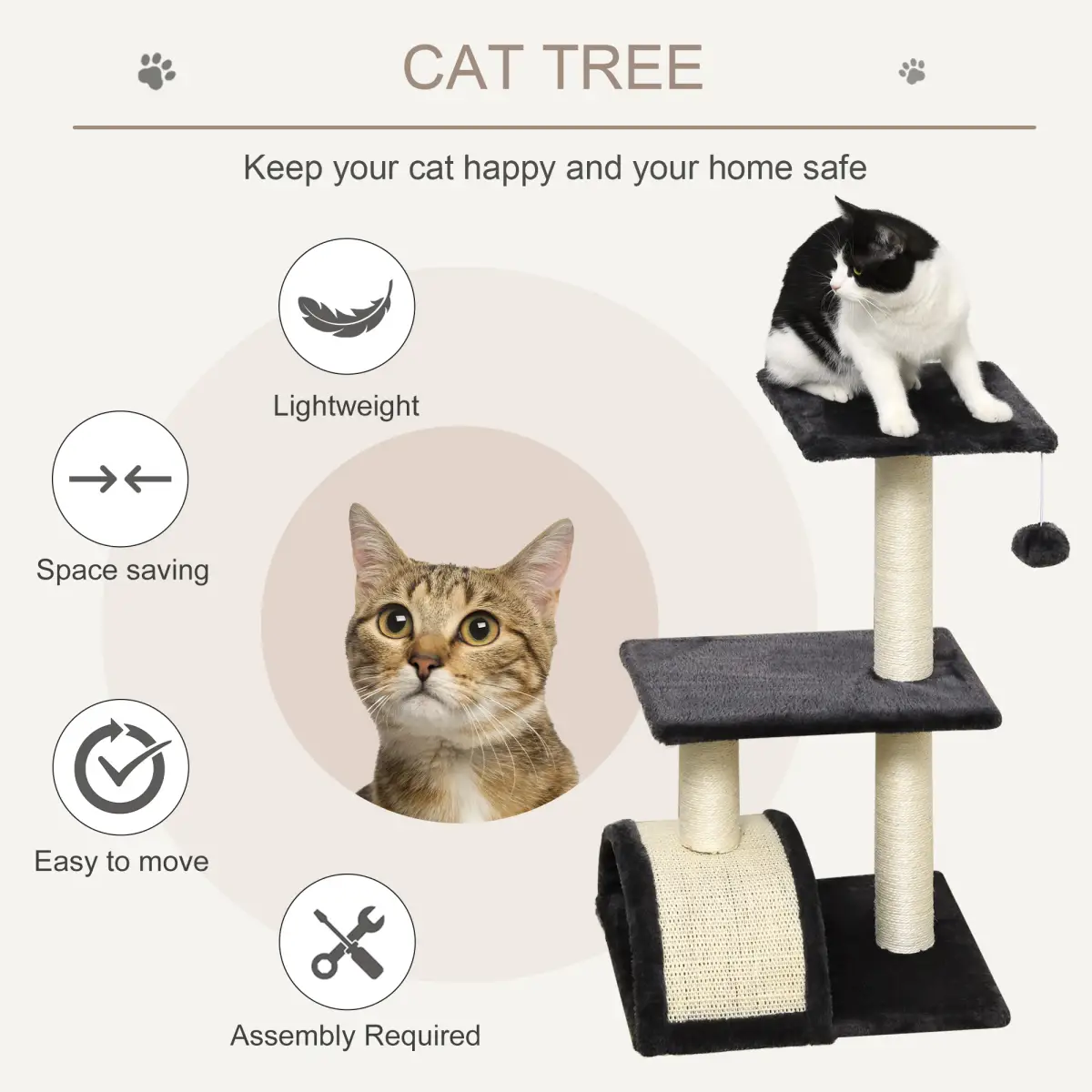 Unbranded Cat Tree Activity Center Scratching Posts Sisal Arc Hanging Ball Grey Pawhut - Cat Tree