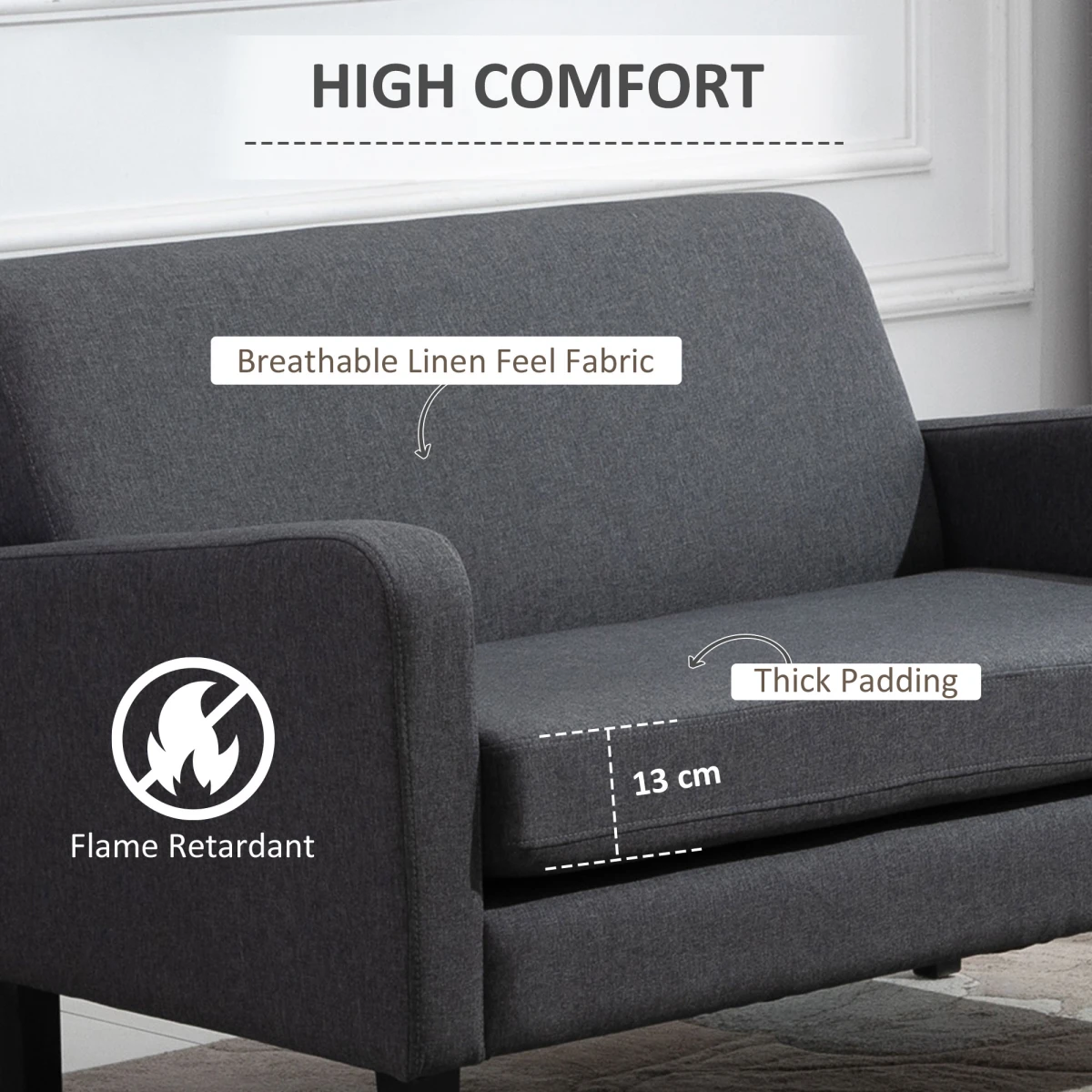 HOMCOM Linen Modern Curved Loveseat 2 Seat Thick Cushions Home Use - Sofa