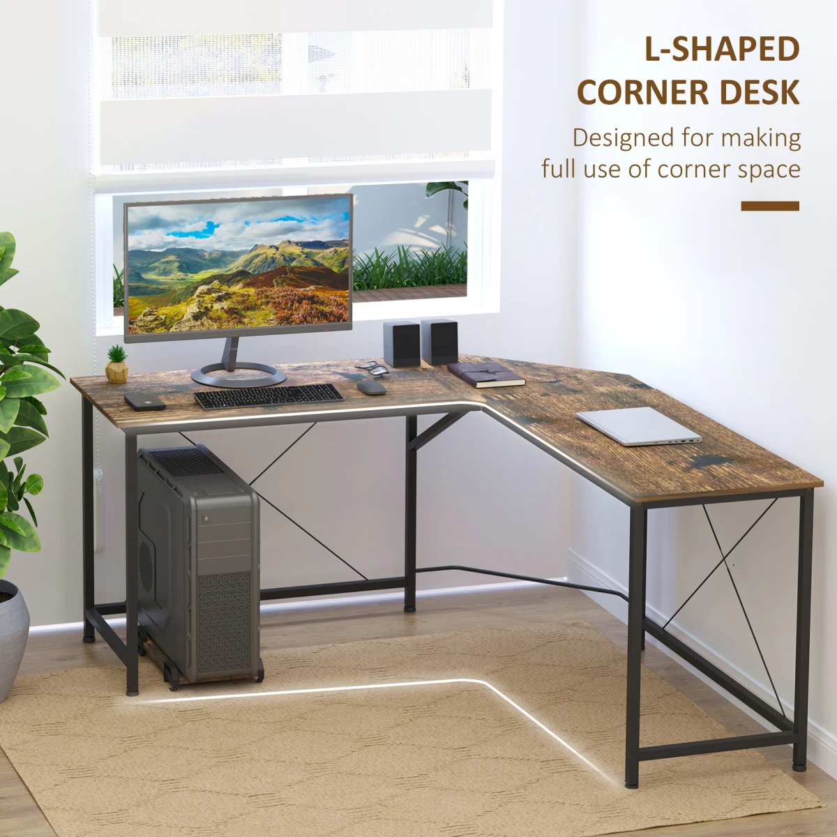 Industrial L-Shape Desk 60x24in Wood Grain Office - Desk