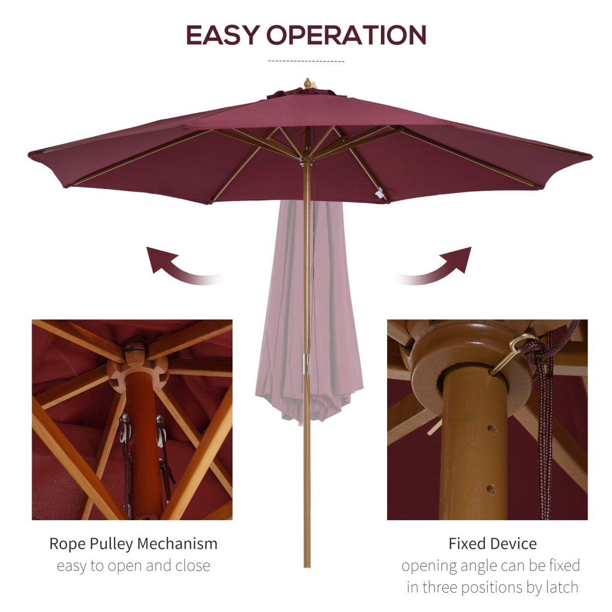 Outsunny Outsunny 3m Fir Wooden Garden Parasol Sun Shade Outdoor Umbrella Canopy Wine Red - Parasol