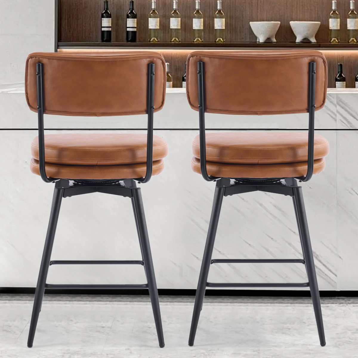 2 Pcs Brown PU Swivel Bar Stools with Removable Backrest & Double-Layer Seat, Metal Legs by N/A