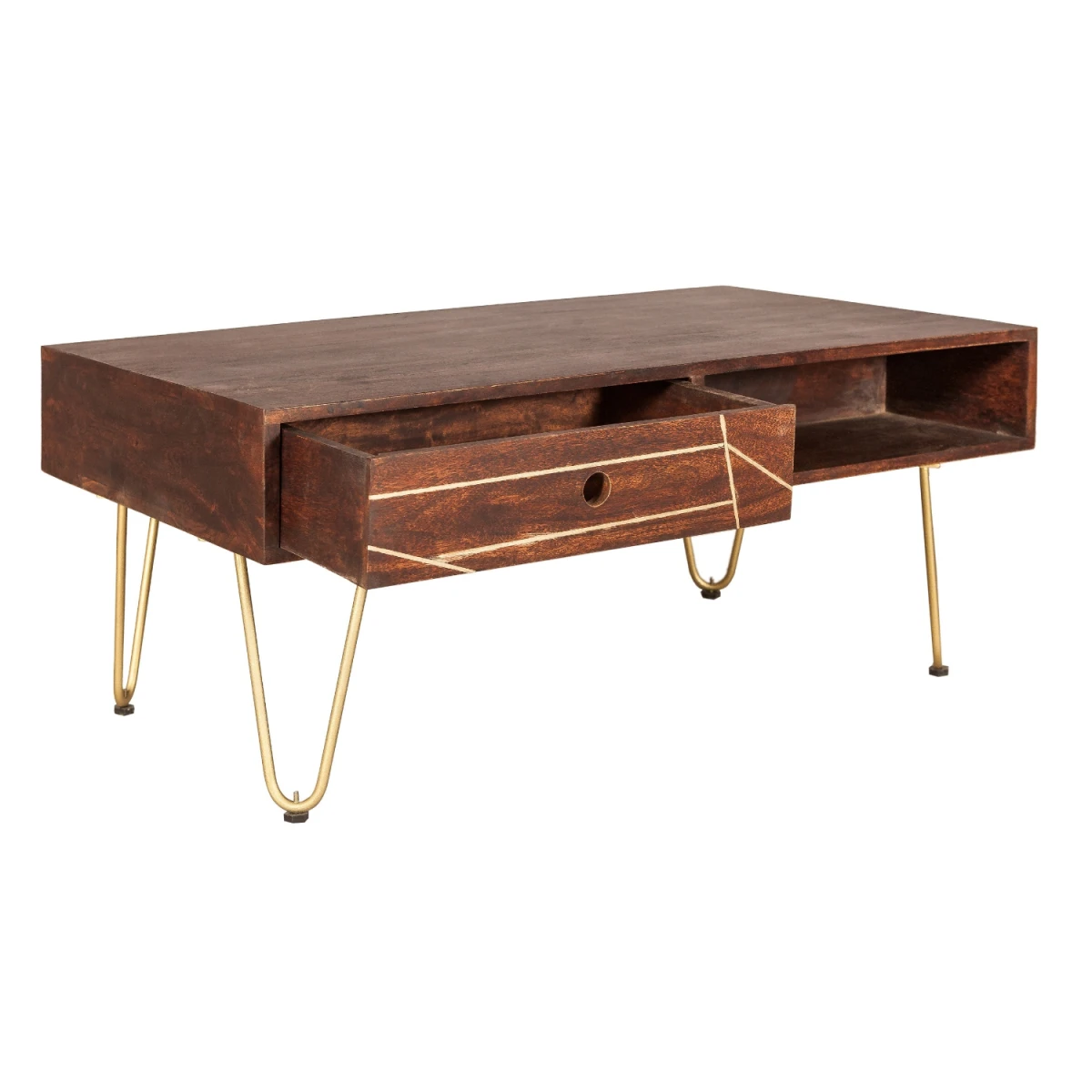 Indian Hub Premium Coffee Table 48In L 24In W 16In H With Drawer Gold Hairpin Legs Living Room - Coffee Table