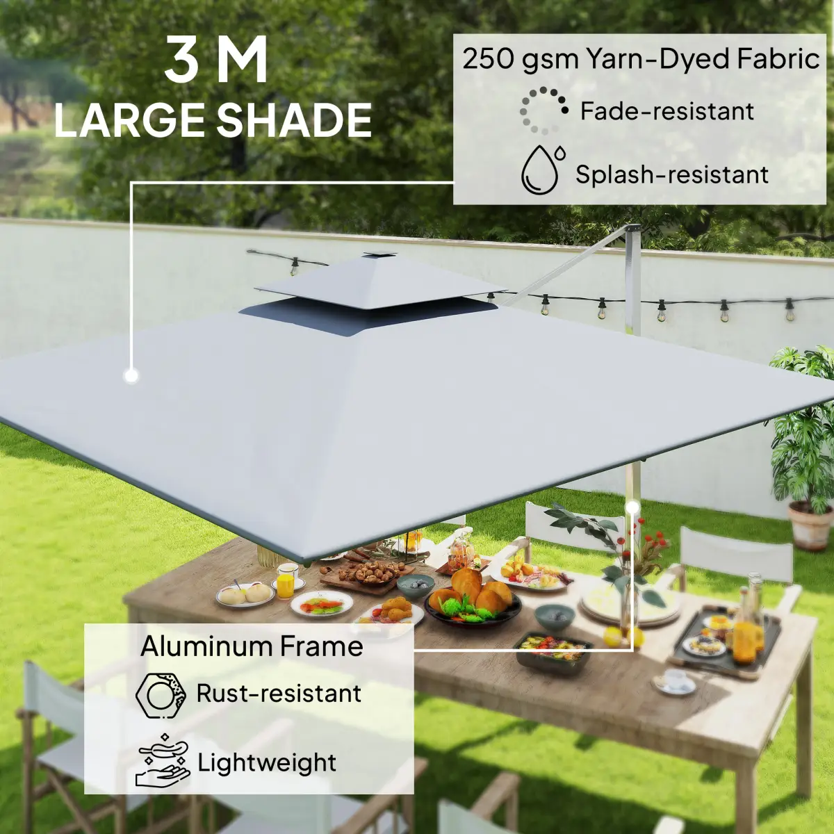 Outsunny Outsunny Garden Cantilever Parasol, Patio Umbrella w/ Solar LED Lights, Grey - Parasol