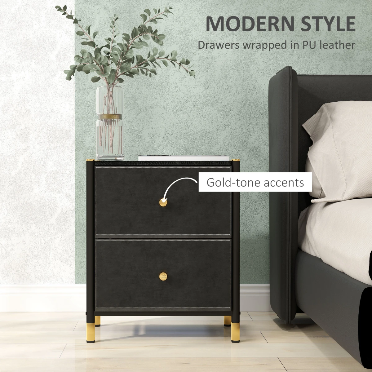HOMCOM Nightstand PU Leather Two Drawer Bedroom by HOMCOM