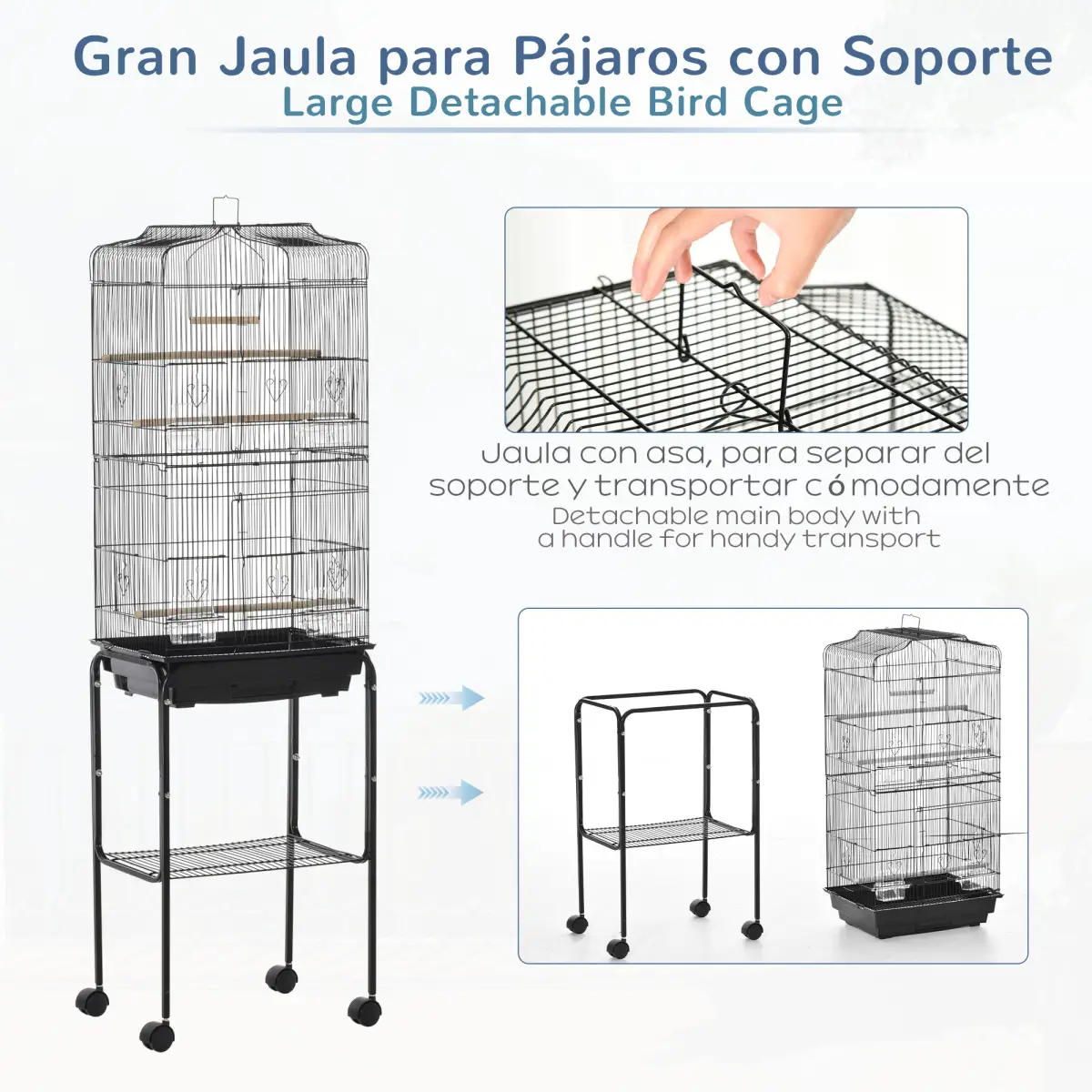 Pawhut Bird Cage Metal Budgie Cages W/ Rolling Stand Slide-out Tray Storage Shelf Black - Bird Cage