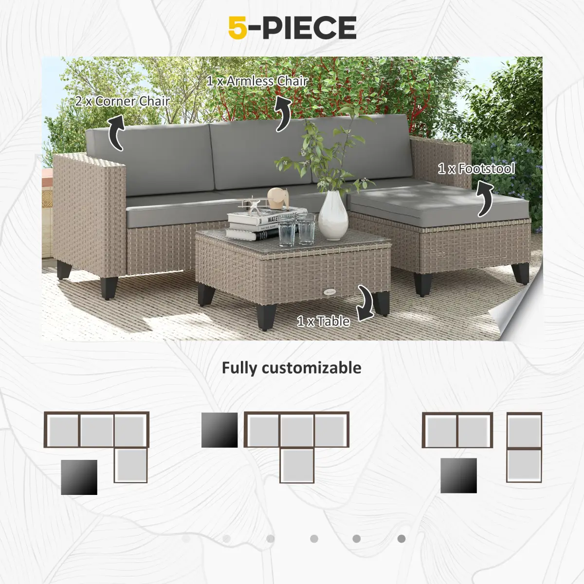 Outsunny Outsunny 5 PCs Rattan Garden Furniture Set with Glass Coffee Table, Brown - Garden Sofa Sets