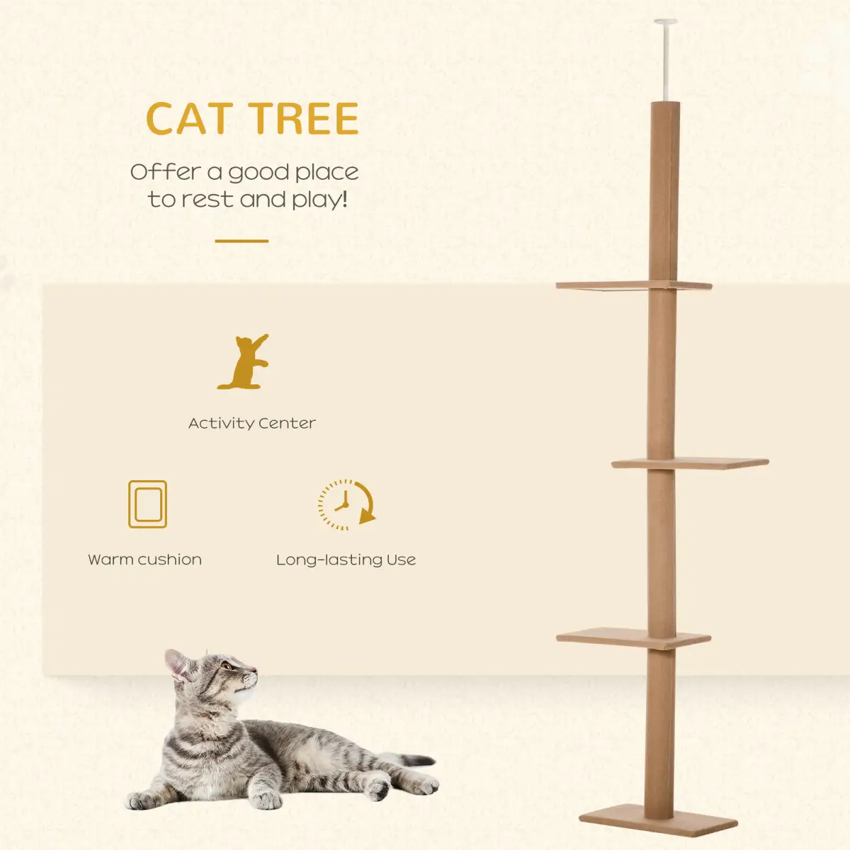 Pawhut 260cm Floor To Ceiling Cat Tree for Indoor Cats w/ Adjustable Height - Brown - Cat Tree