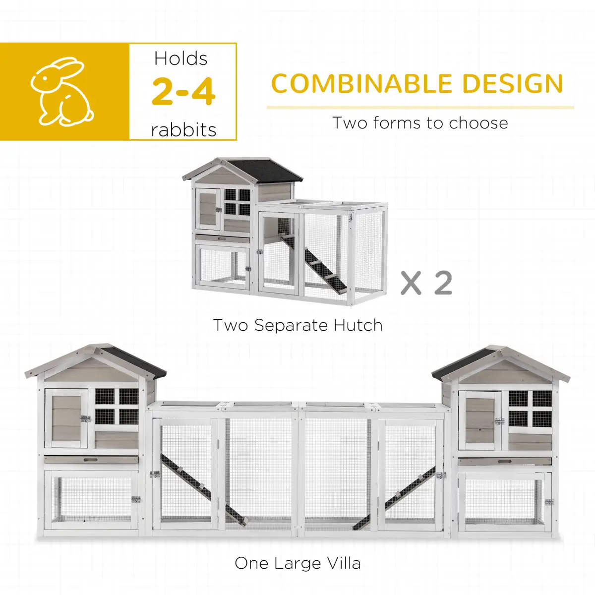 PawHut 2-In-1 Wooden Rabbit Hutch w/ Double House, Run Box, Slide-Out Tray, Ramp - Rabbit Hutch