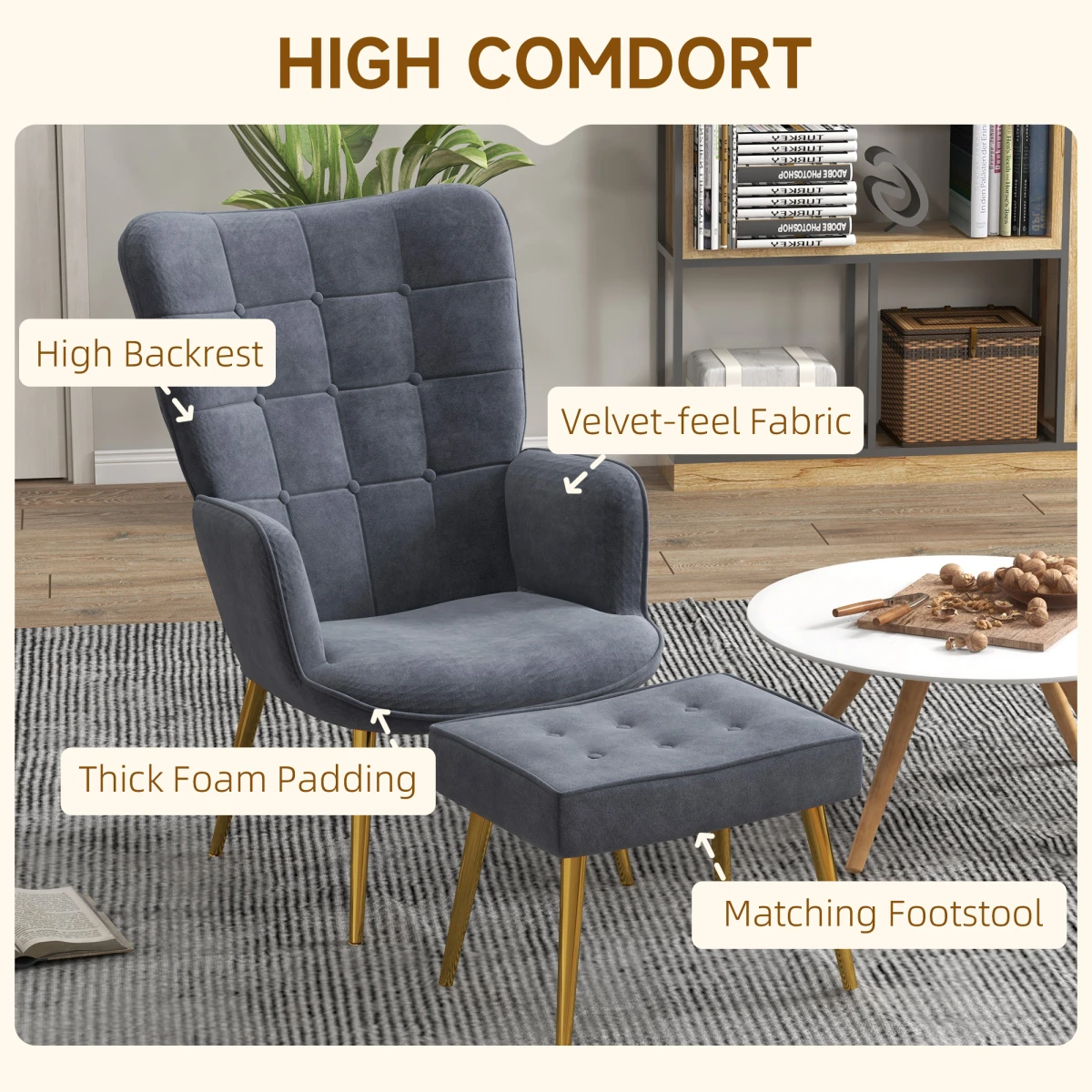 HOMCOM Armchair Footstool Button Tufted Gold Legs - Armchair