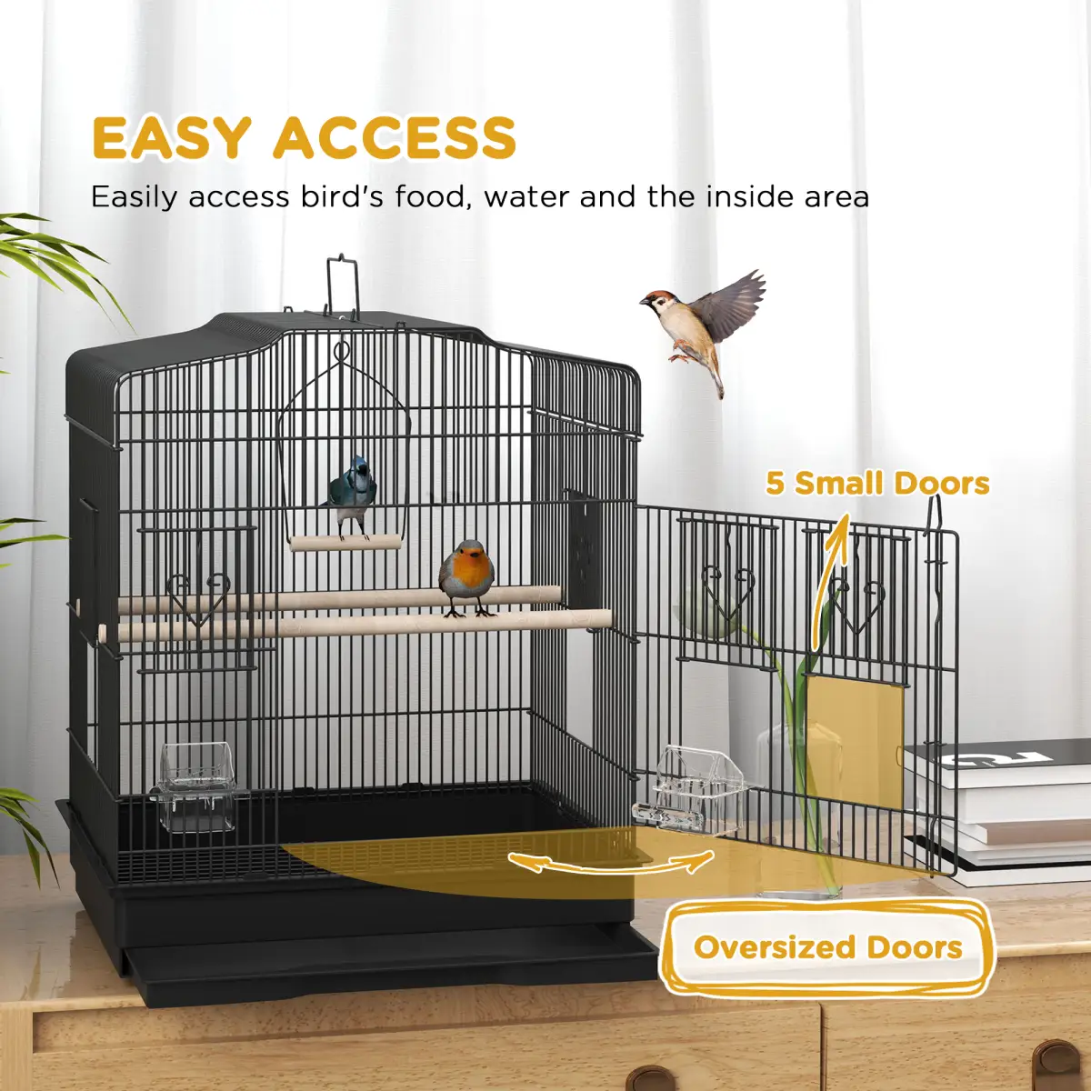PawHut PawHut 59cm Large Bird Cage with Stand, Perches, Food Bowls, Swing, Black - Bird Cage