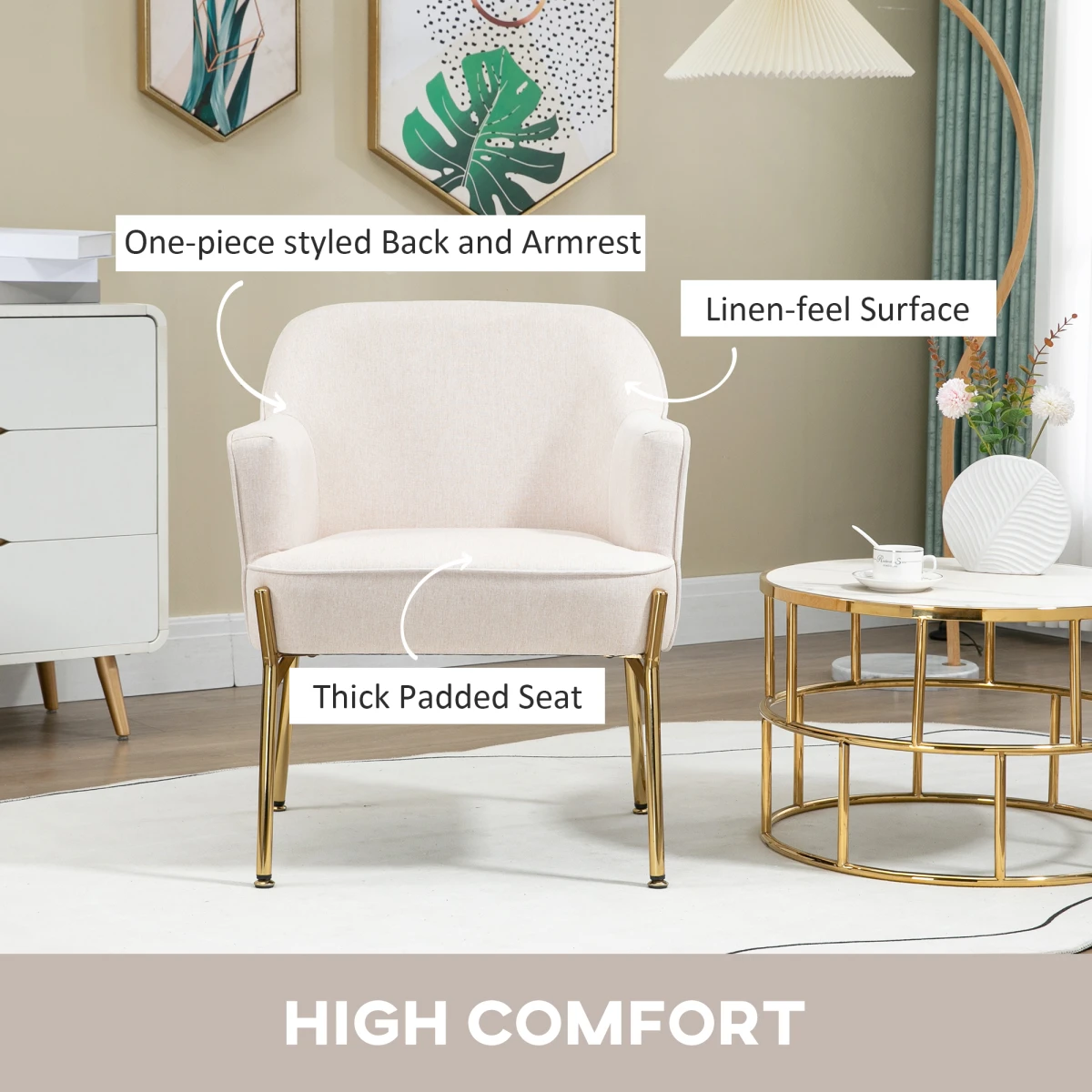 Premium Fabric Armchair Tub Chair Gold Legs For Living Room by HOMCOM