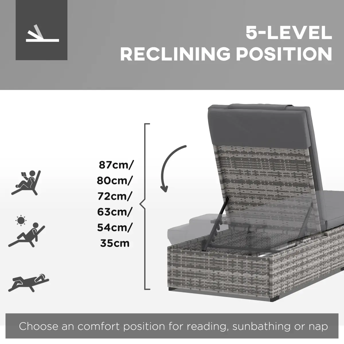 Outsunny Outsunny Rattan Lounger with Cushion, 5-Level Reclining Rattan Sun Lounger, Grey - Sun Lounger