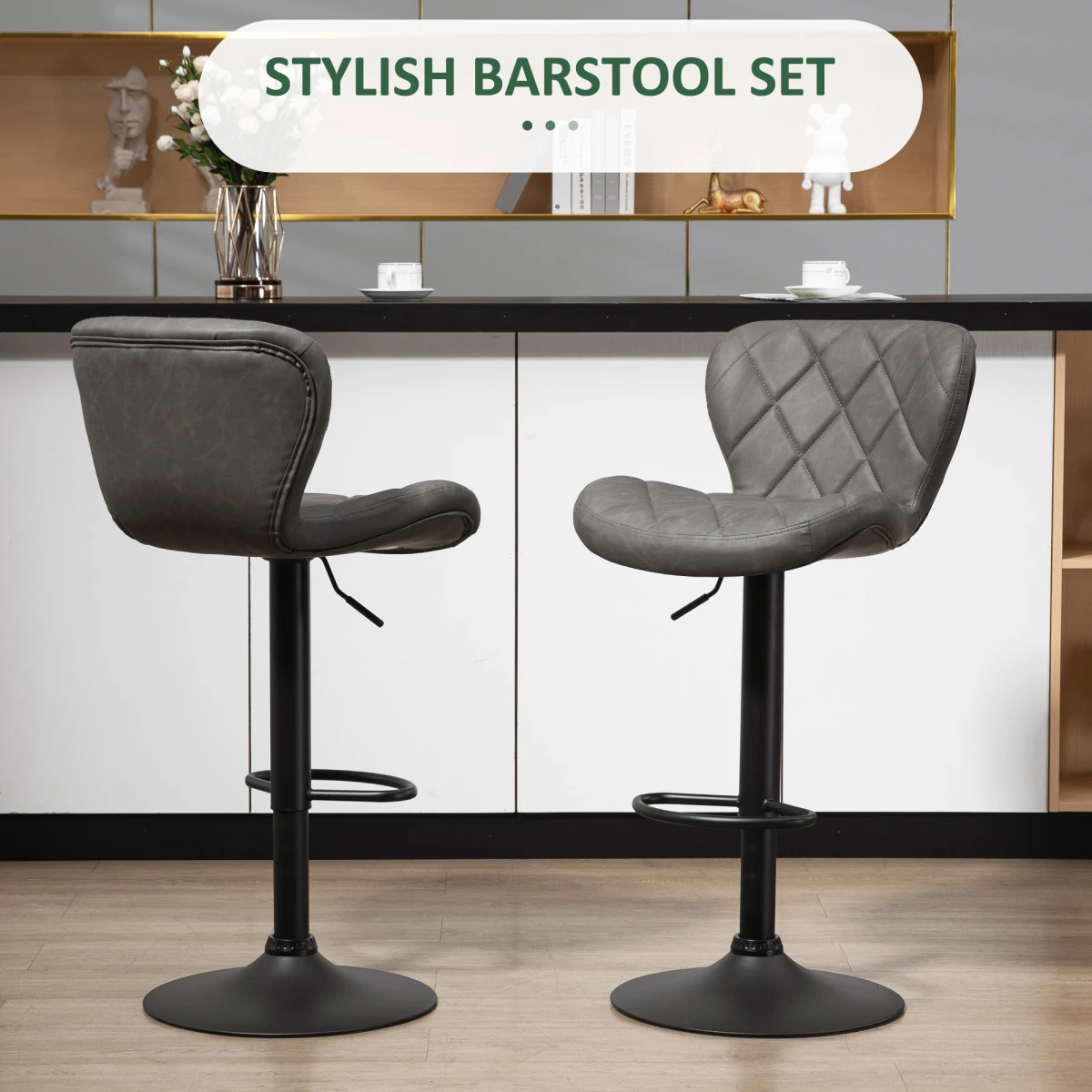 HOMCOM Adjustable Height Bar Stools 91 to 112 cm Swivel Faux Leather Diamond Stitching Home Office Set Of 2 by HOMCOM