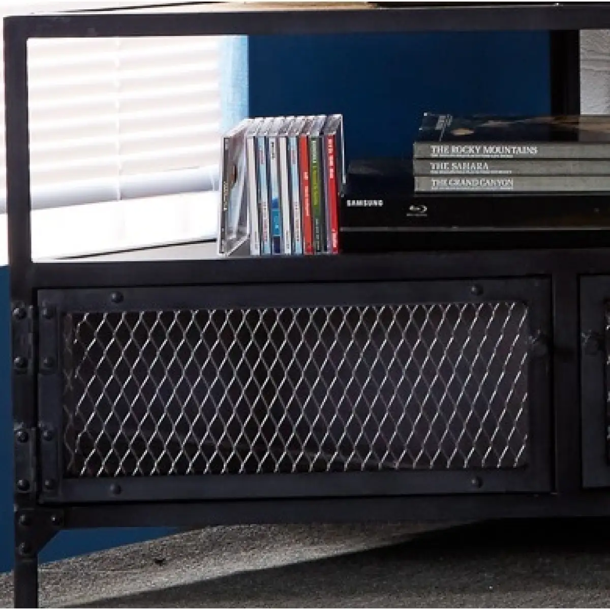 Indian Hub Statement Corner TV Unit Industrial Hand Crafted Reclaimed Wood With Metal Mesh Panels - TV Unit