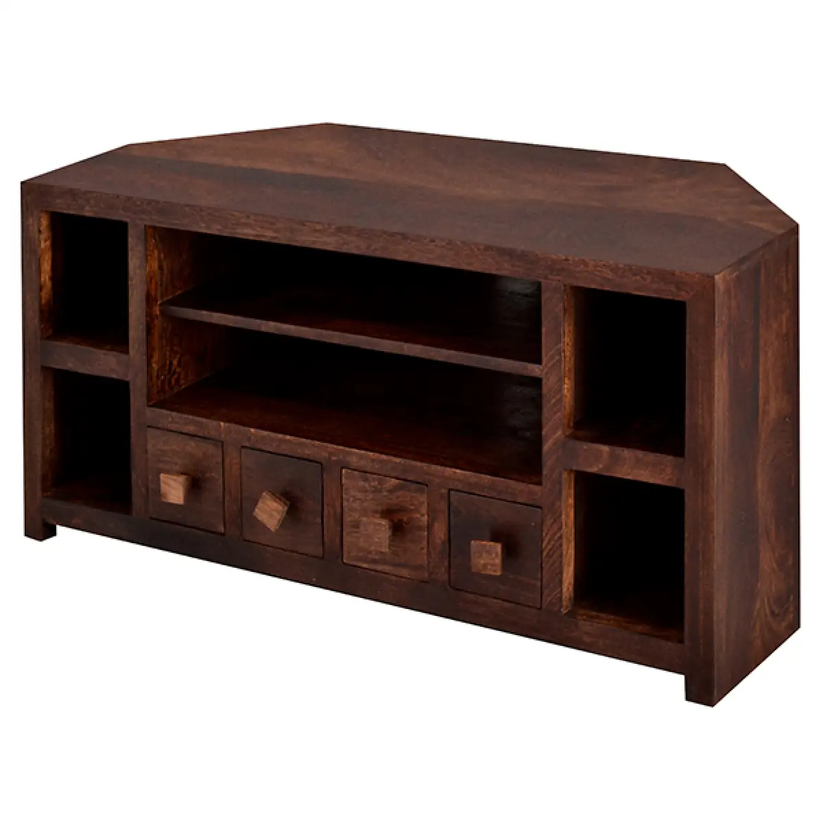 Contemporary Corner TV Unit In Dark Mango Finish, Sustainable Mango Wood, Fully Assembled, Open Shelves And 4 Drawers