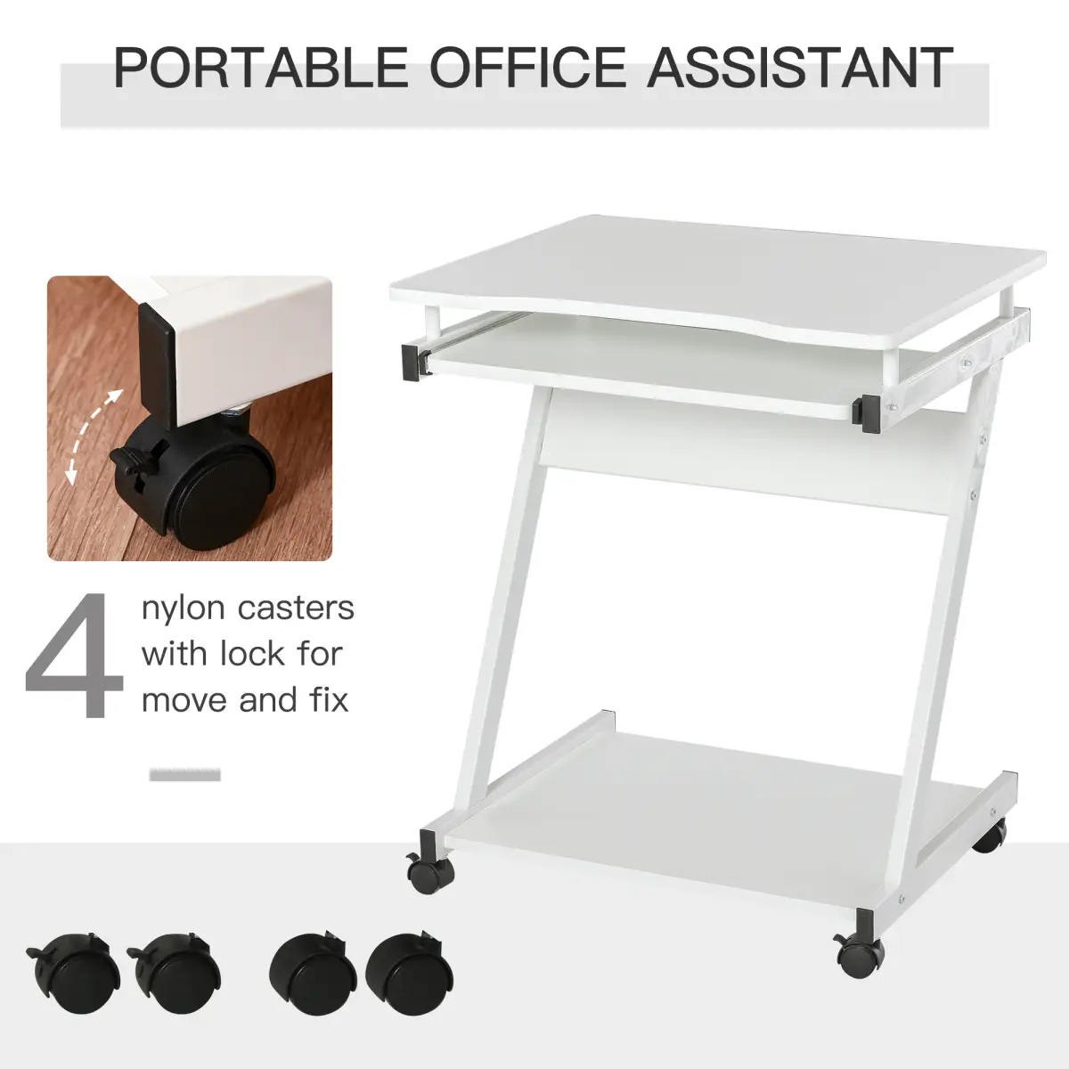 HOMCOM Computer Desk with 4 Moving Wheels Sliding Keyboard Tray White - Desk