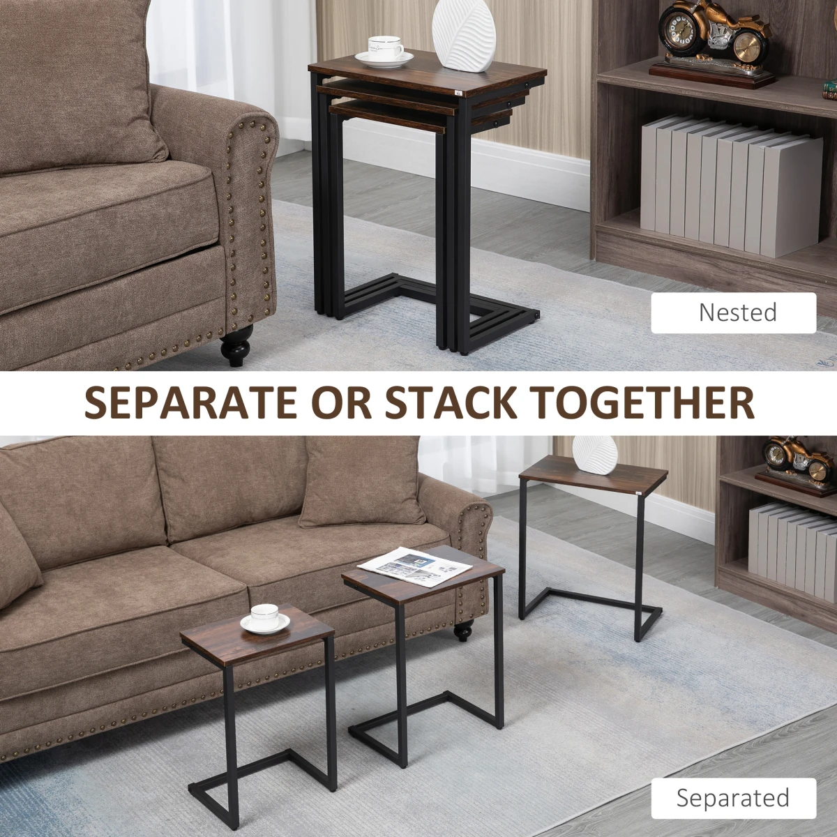 HOMCOM HOMCOM C Shaped Nesting Tables Set of 3 Small Medium Large Rustic Brown Steel Frame Space Saving Living Room End Tables - Nest of Tables