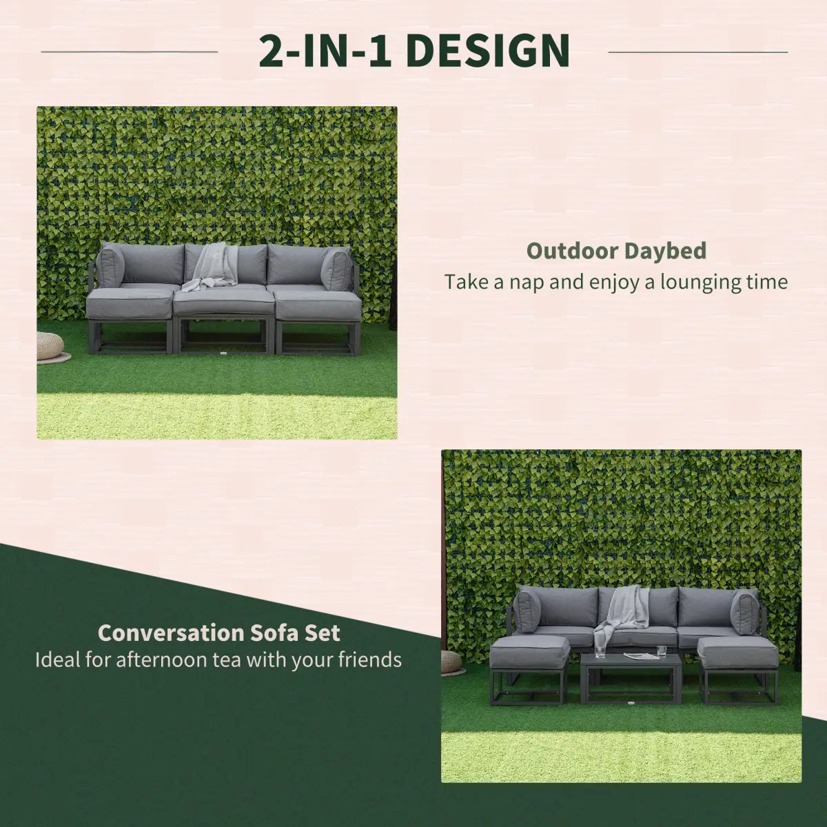Outsunny Daybed 6 Piece Sectional Sofa Set, & Coffee Table, Footstool & Cushions, Grey - Garden Sofa Sets