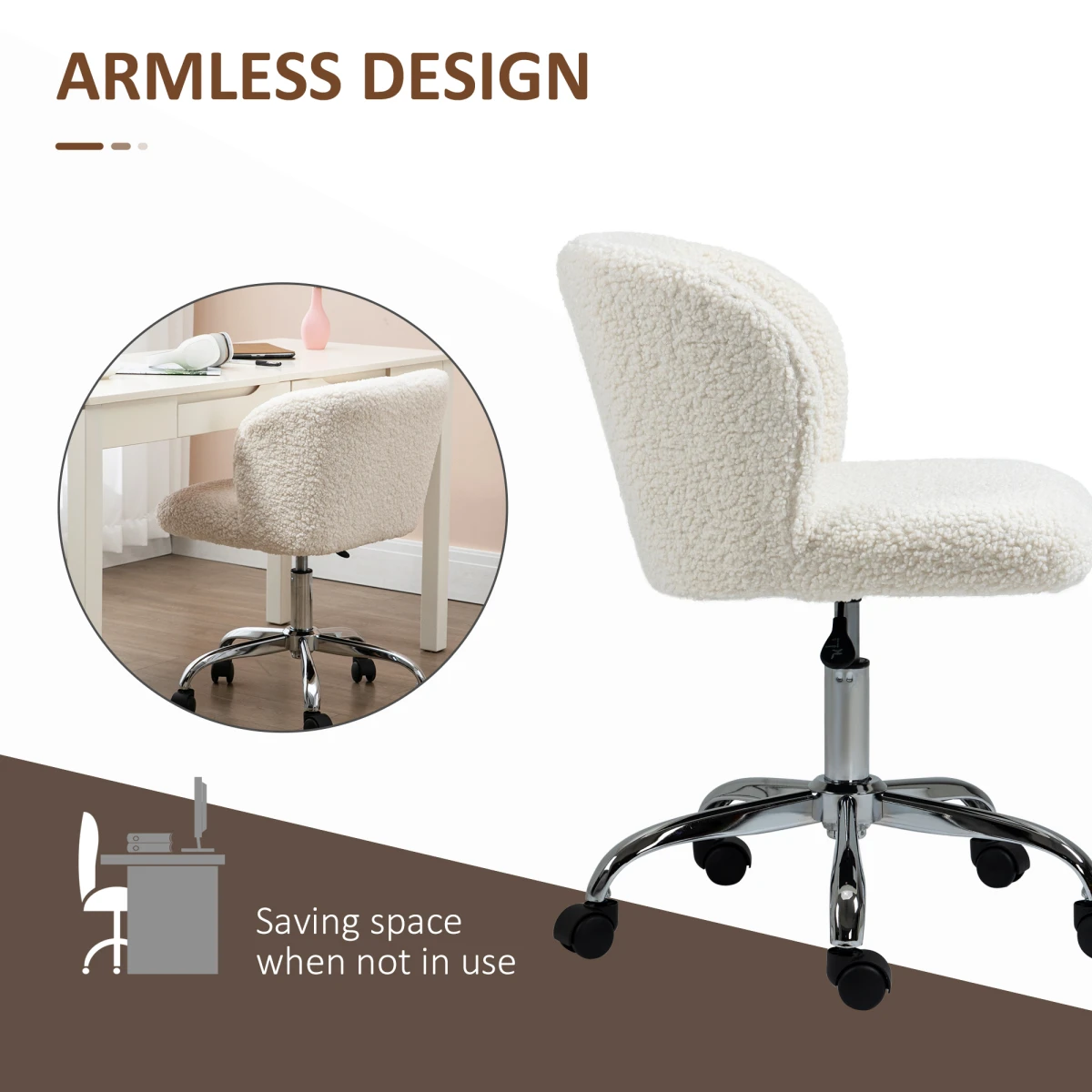 HOMCOM Office Chair Standard Size Teddy Fleece Upholstery Height Adjustable Wheels For Home Office by HOMCOM