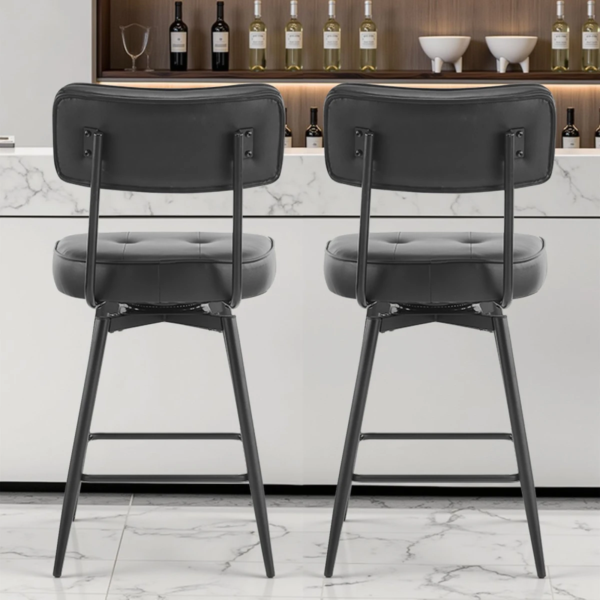 N/A 2 Pcs Black PU Swivel Bar Stools with Button-Tufted Backrest and Metal Legs -