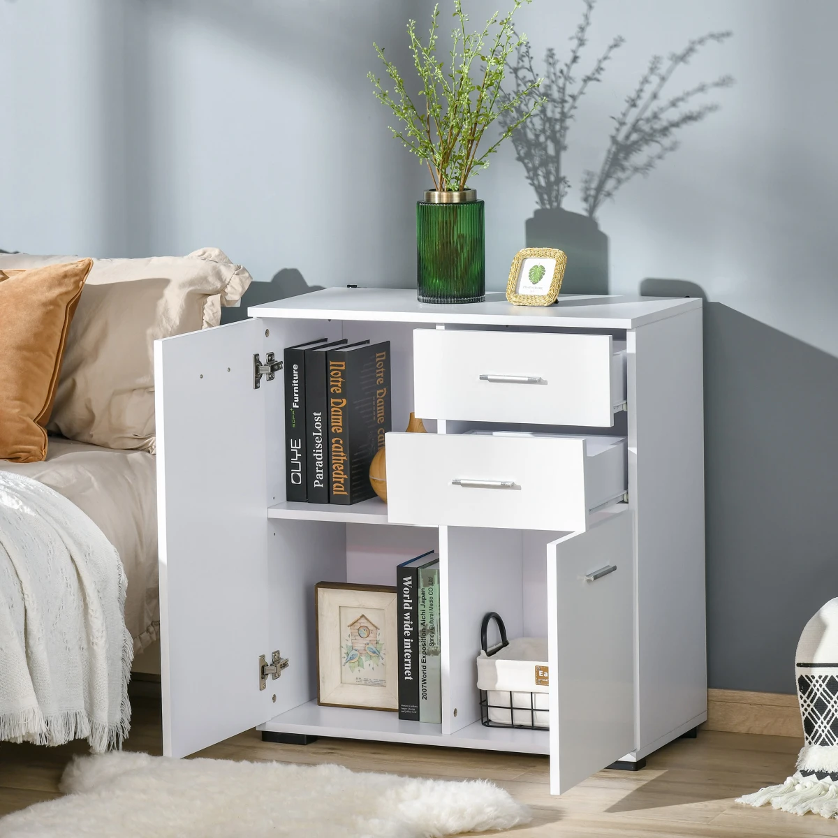 Unbranded White High Gloss Shoe Cabinet 2 Door 2 Drawer Hallway Storage Adjustable Shelves - Shoe Storage