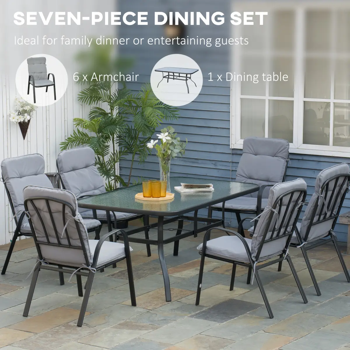 Outsunny Outsunny 7 PCs Garden Dining Set, Glass Table w/ Umbrella Hole & Cushion, Black - Garden Set