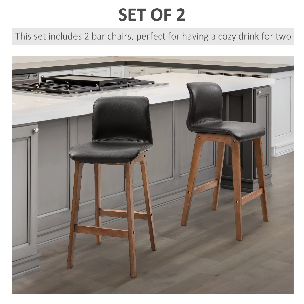 HOMCOM 2 Pcs 93cm Faux Leather Bar Stools Wooden Frame Footrest Padding High Back Brown -