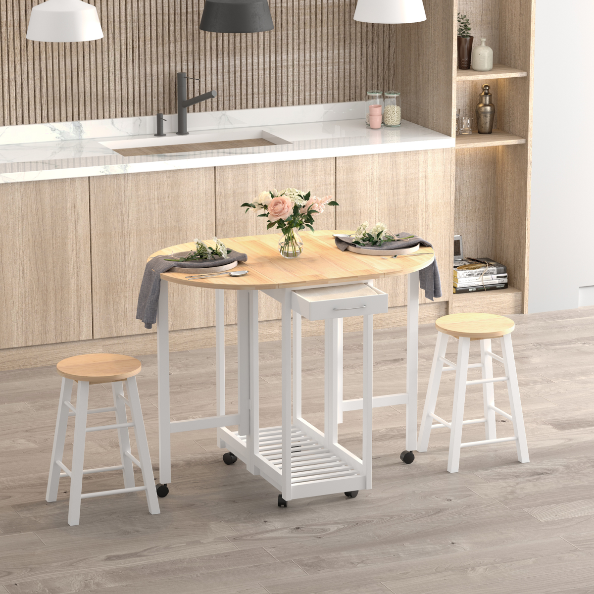 3pc Wooden Kitchen Cart Mobile Rolling Trolley Folding Stools Wheels Drawers - from Unbranded