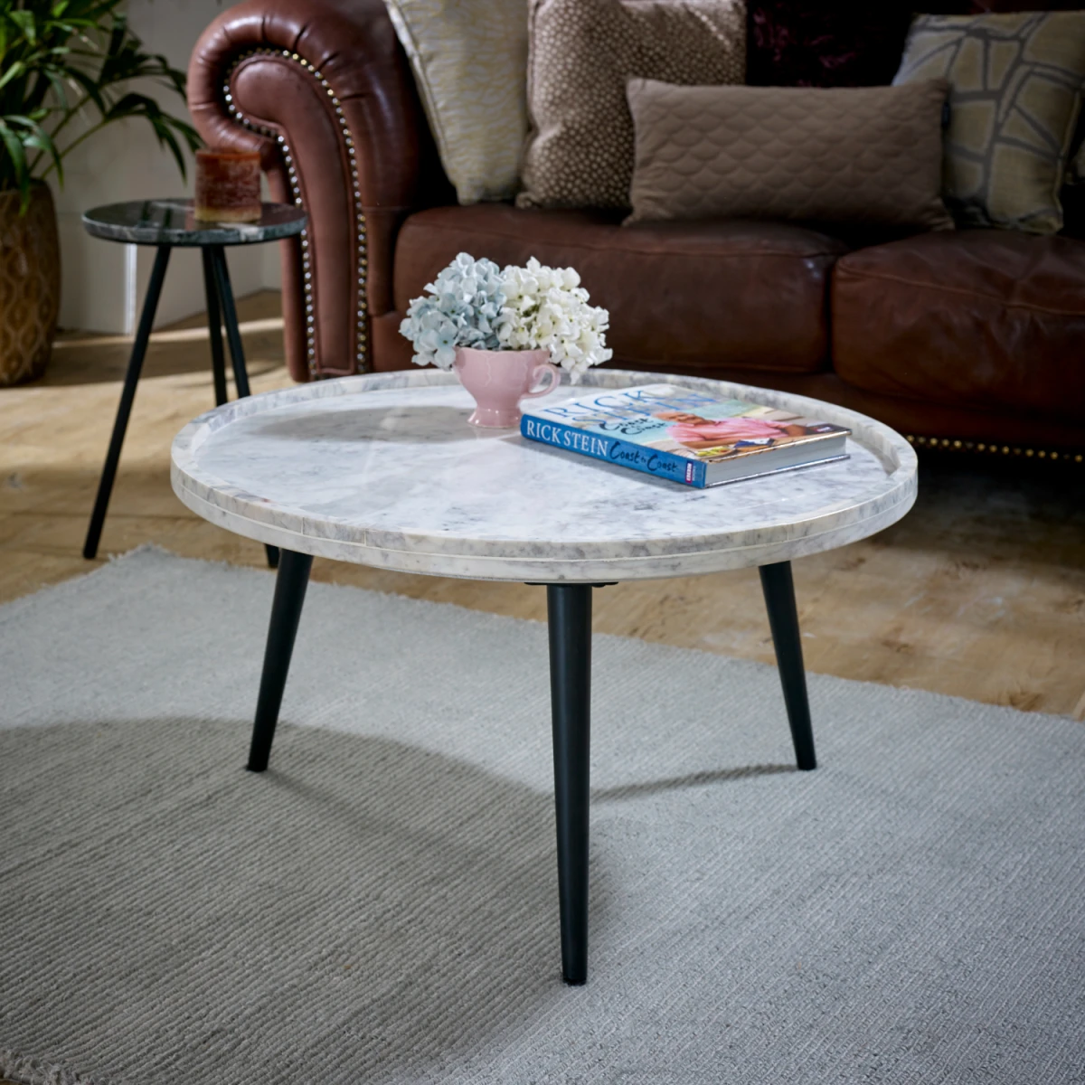 Opal Marble Coffee Table Round With Black Metal Legs Handmade in India Eco Friendly Home Decor by Indian Hub