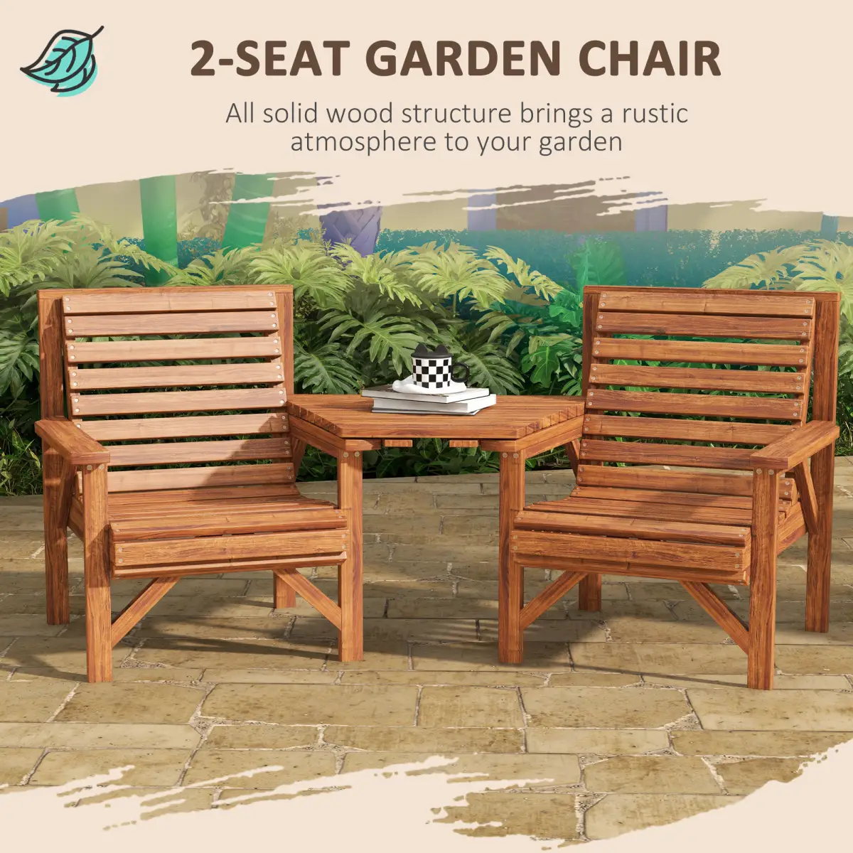 Outsunny Outsunny Wooden Garden Love Seat with Coffee Table Partner Bench Tan Brown - Garden Chairs