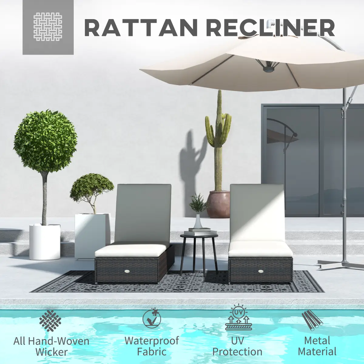 Outsunny Outsunny Rattan Sun Loungers Set of 2, Recliner Chairs, Adjustable Back, Brown - Sun Lounger