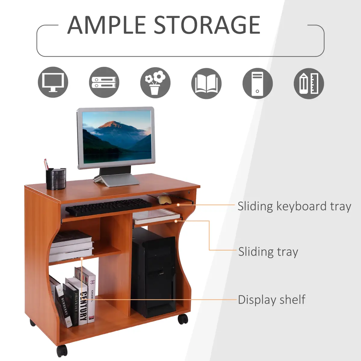 HOMCOM Computer Desk Laptop Writing Table Storage Shelf Workstation Wheels-Cherry Wood - Desk