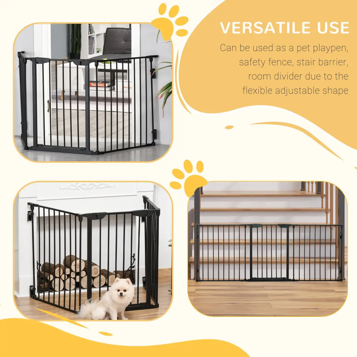 Pawhut Pet Gate 3-Panel Dog Playpen for Indoor Stair Barrier W/ Walk Through Door Black - Pet Gate