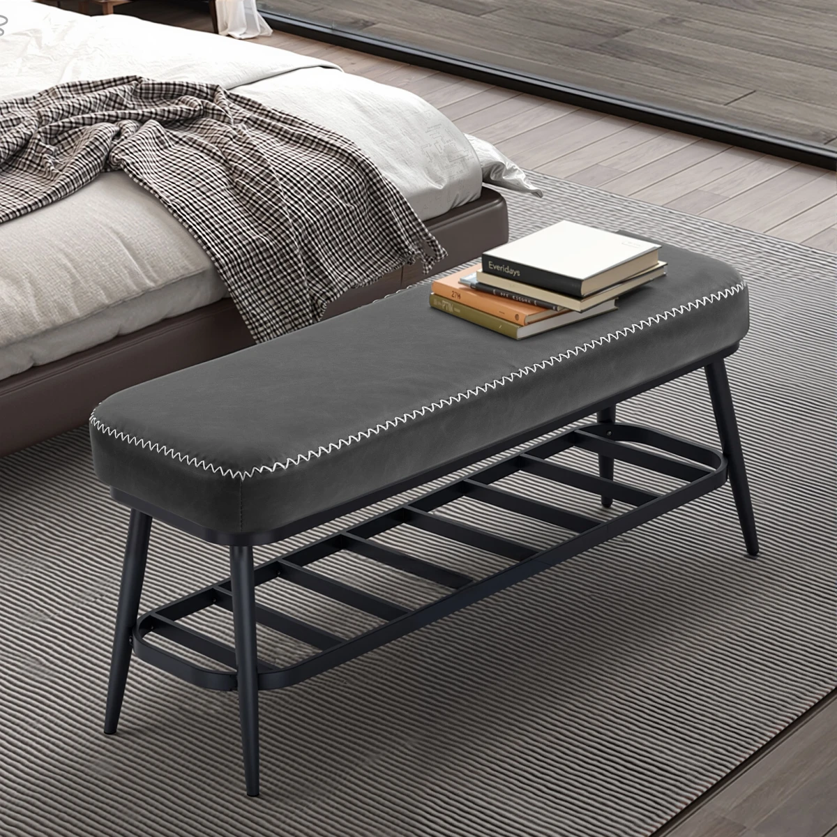 PU Leather Bench 7cm Cushion Four Pair Entryway by N/A