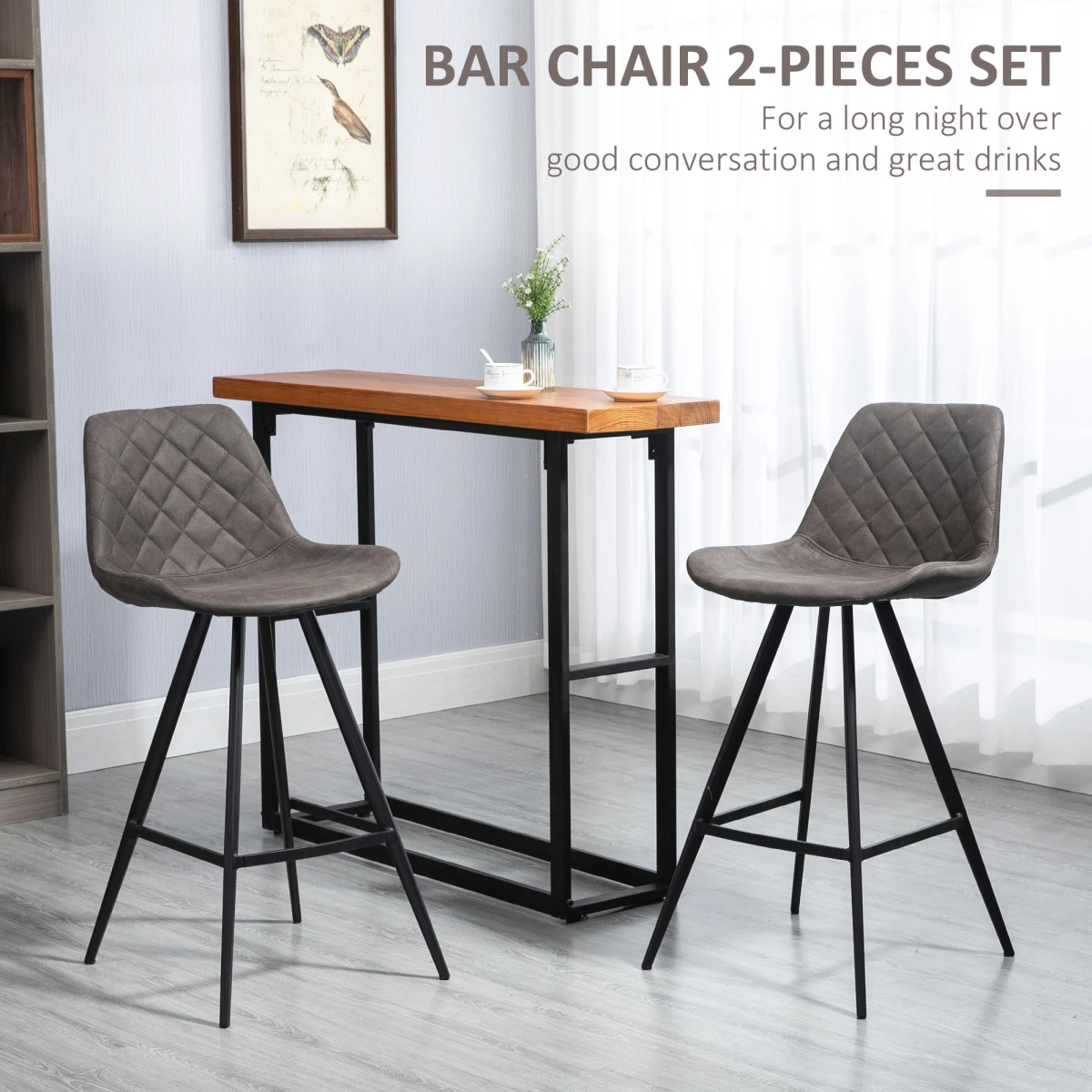 HOMCOM Set Of 2 Bar Stools Vintage PU Leather Tub Seats Padded w/ Steel Frame Dark Grey -