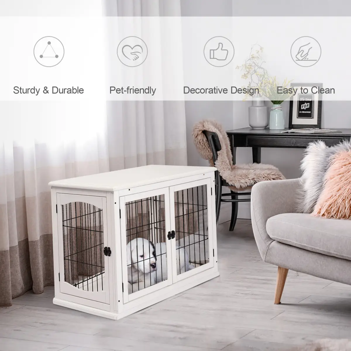 Pawhut Wooden Dog Crate End Table Pet Puppy Cage w/Metal Wire for Small Dog White - Dog Crate
